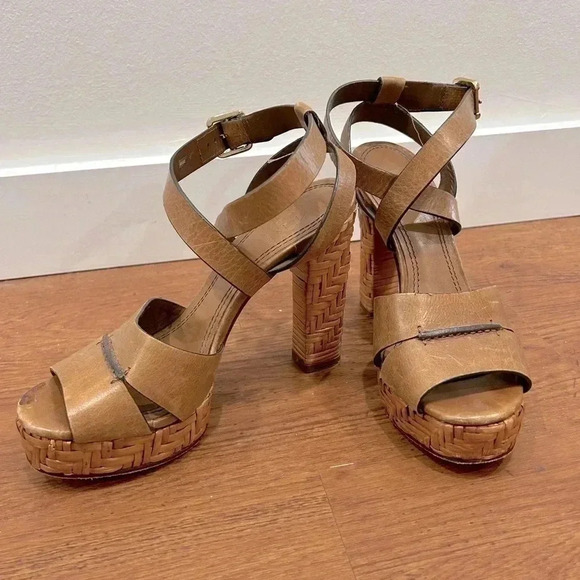 Tory Burch Cella Cognac Brown Leather Strappy Platforms Sandal Size 6.5 - Picture 4 of 11